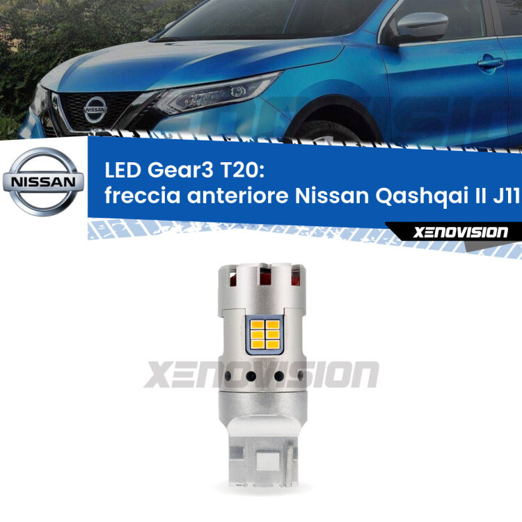 <strong>Freccia Anteriore LED no-spie per Nissan Qashqai II</strong> J11 restyling. Lampada <strong>T20</strong> modello Gear3 no Hyperflash, raffreddata a ventola.