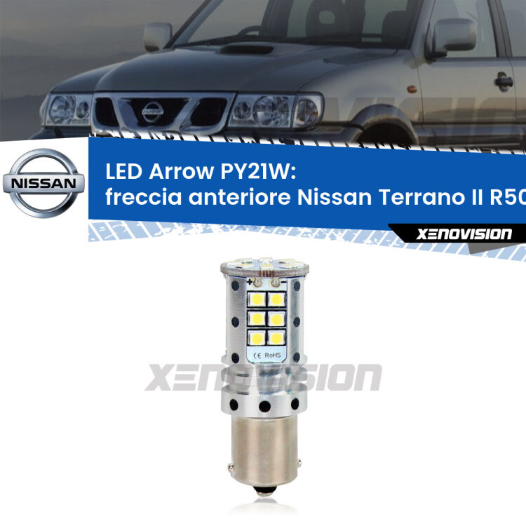 <strong>Freccia Anteriore LED no-spie per Nissan Terrano II</strong> R50 1997 - 2004. Lampada <strong>PY21W</strong> modello top di gamma Arrow.