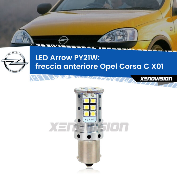 <strong>Freccia Anteriore LED no-spie per Opel Corsa C</strong> X01 2000 - 2006. Lampada <strong>PY21W</strong> modello top di gamma Arrow.