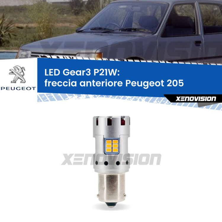 <strong>Freccia Anteriore LED no-spie per Peugeot 205</strong>  1983 - 1999. Lampada <strong>P21W</strong> modello Gear3 no Hyperflash, raffreddata a ventola.