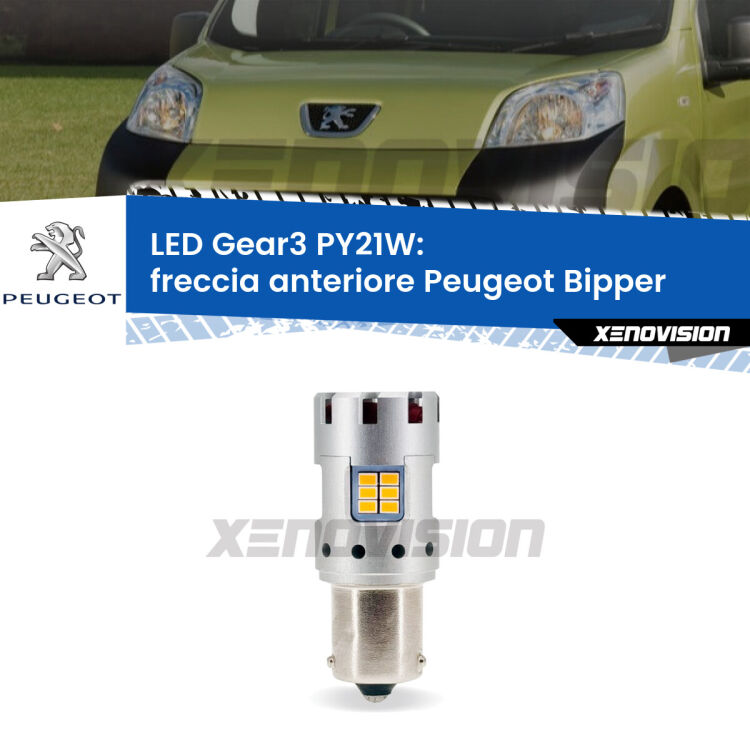 <strong>Freccia Anteriore LED no-spie per Peugeot Bipper</strong>  2008 in poi. Lampada <strong>PY21W</strong> modello Gear3 no Hyperflash, raffreddata a ventola.