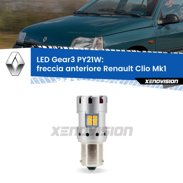 <strong>Freccia Anteriore LED no-spie per Renault Clio</strong> Mk1 faro bianco. Lampada <strong>PY21W</strong> modello Gear3 no Hyperflash, raffreddata a ventola.