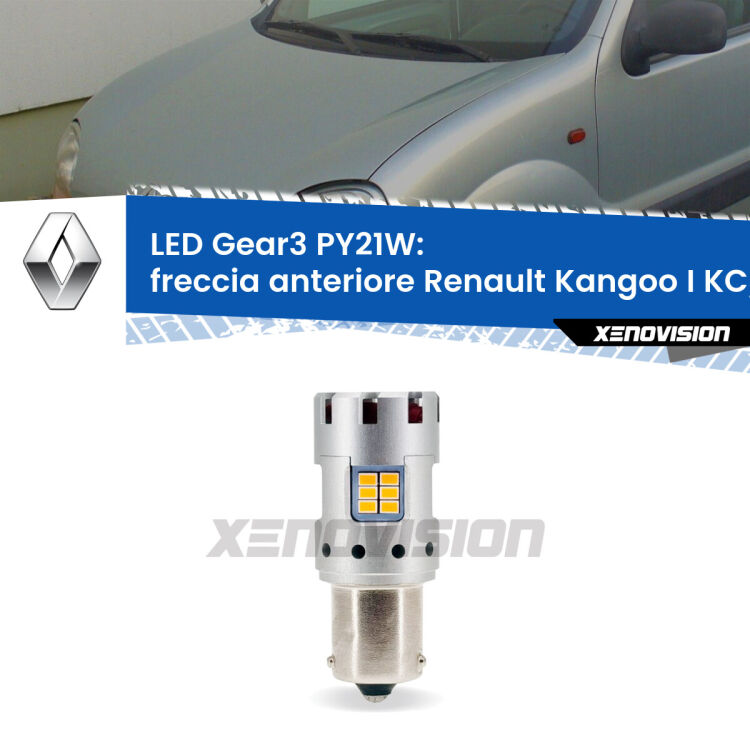 <strong>Freccia Anteriore LED no-spie per Renault Kangoo I</strong> KC/KC faro bianco. Lampada <strong>PY21W</strong> modello Gear3 no Hyperflash, raffreddata a ventola.