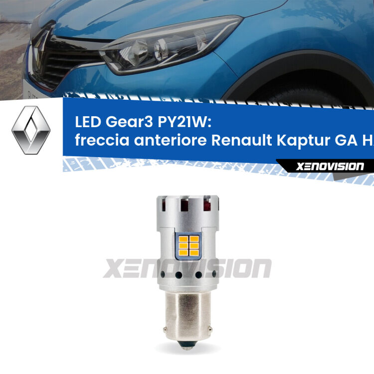 <strong>Freccia Anteriore LED no-spie per Renault Kaptur GA</strong> HA 2016 - 2018. Lampada <strong>PY21W</strong> modello Gear3 no Hyperflash, raffreddata a ventola.