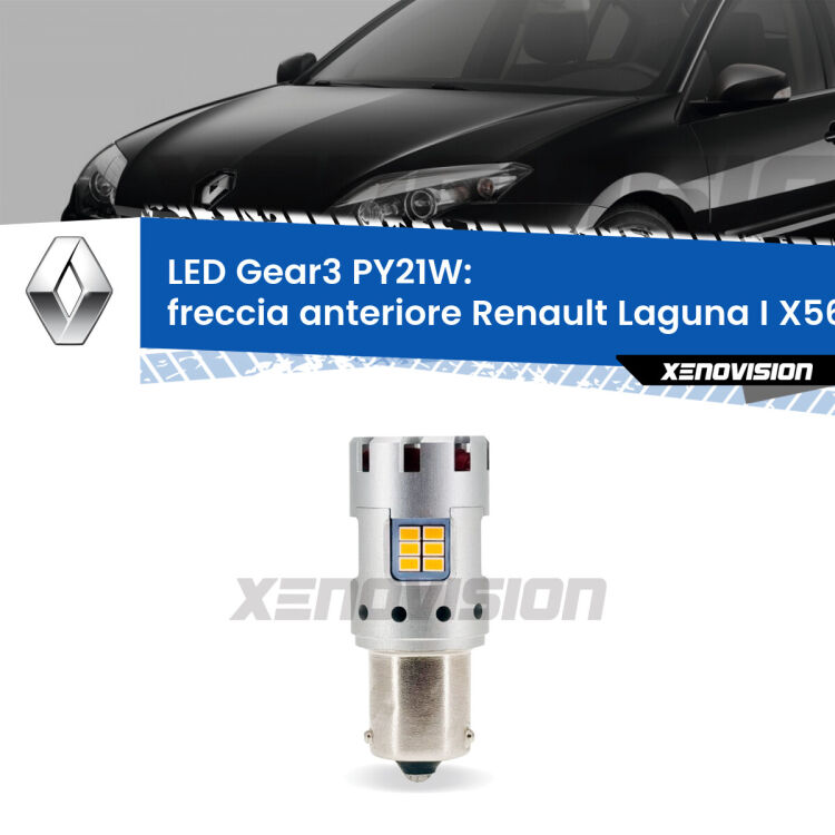 <strong>Freccia Anteriore LED no-spie per Renault Laguna I</strong> X56 1993 - 1999. Lampada <strong>PY21W</strong> modello Gear3 no Hyperflash, raffreddata a ventola.