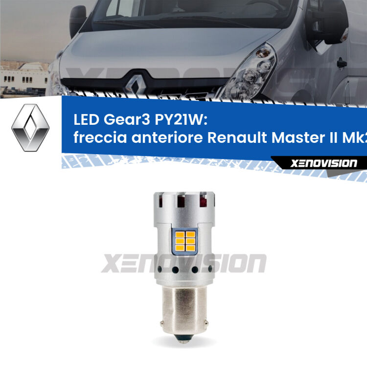 <strong>Freccia Anteriore LED no-spie per Renault Master II</strong> Mk2 faro bianco. Lampada <strong>PY21W</strong> modello Gear3 no Hyperflash, raffreddata a ventola.