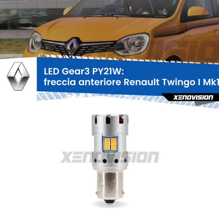 <strong>Freccia Anteriore LED no-spie per Renault Twingo I</strong> Mk1 faro bianco. Lampada <strong>PY21W</strong> modello Gear3 no Hyperflash, raffreddata a ventola.