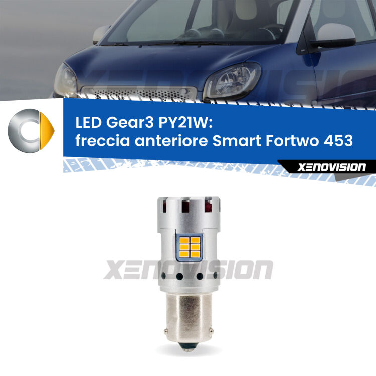 <strong>Freccia Anteriore LED no-spie per Smart Fortwo</strong> 453 2014 in poi. Lampada <strong>PY21W</strong> modello Gear3 no Hyperflash, raffreddata a ventola.