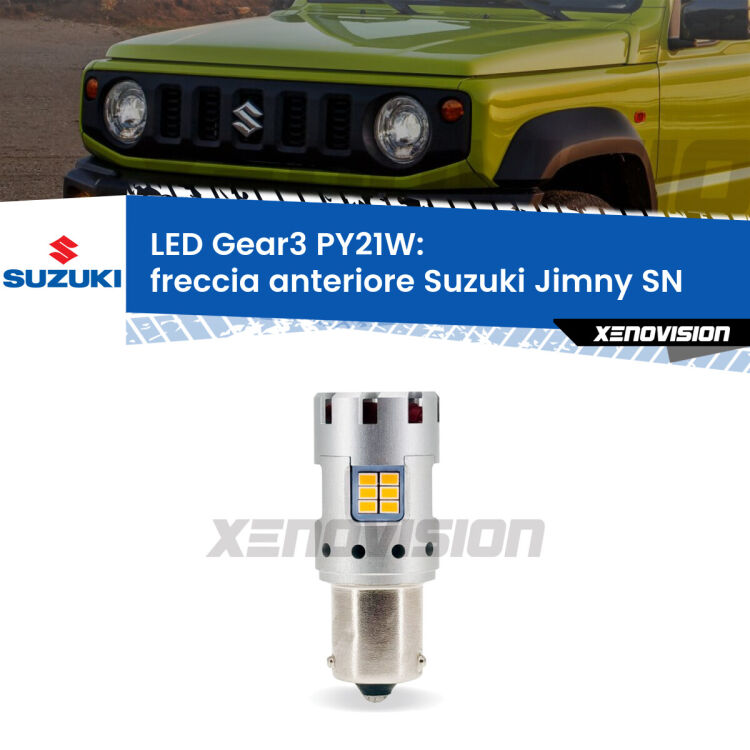 <strong>Freccia Anteriore LED no-spie per Suzuki Jimny</strong> SN 1998 in poi. Lampada <strong>PY21W</strong> modello Gear3 no Hyperflash, raffreddata a ventola.