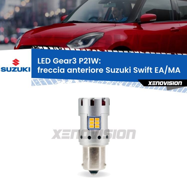 <strong>Freccia Anteriore LED no-spie per Suzuki Swift</strong> EA/MA 1989 - 2003. Lampada <strong>P21W</strong> modello Gear3 no Hyperflash, raffreddata a ventola.