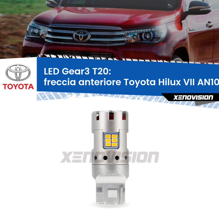 <strong>Freccia Anteriore LED no-spie per Toyota Hilux VII</strong> AN10 2004 - 2015. Lampada <strong>T20</strong> modello Gear3 no Hyperflash, raffreddata a ventola.