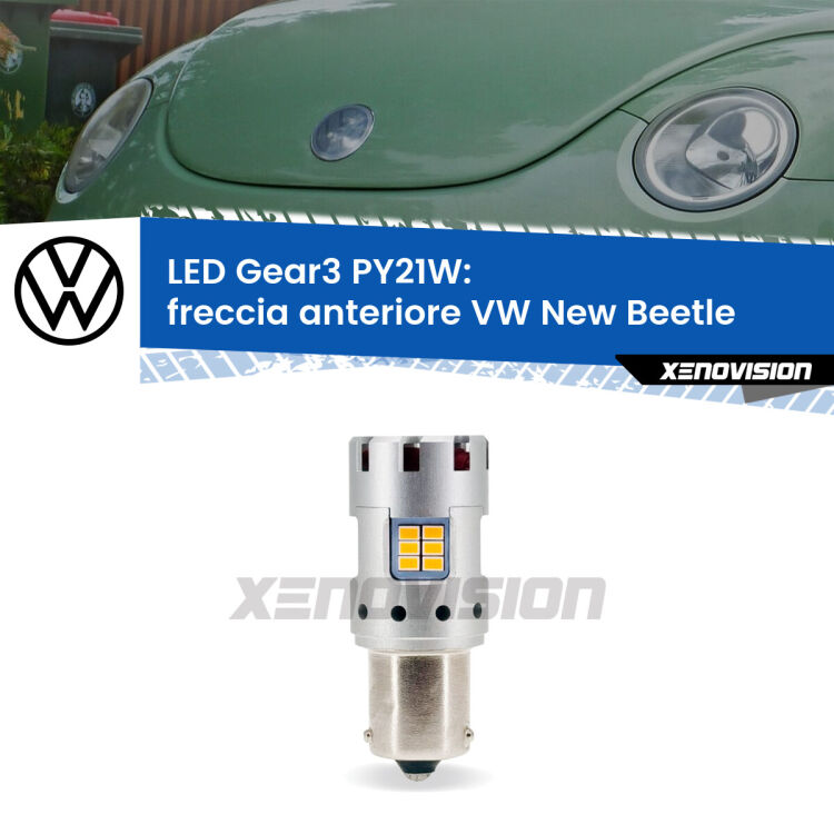 <strong>Freccia Anteriore LED no-spie per VW New Beetle</strong>  1998 - 2005. Lampada <strong>PY21W</strong> modello Gear3 no Hyperflash, raffreddata a ventola.