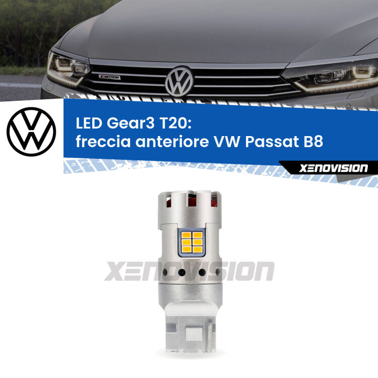 <strong>Freccia Anteriore LED no-spie per VW Passat</strong> B8 2014 - 2017. Lampada <strong>T20</strong> modello Gear3 no Hyperflash, raffreddata a ventola.