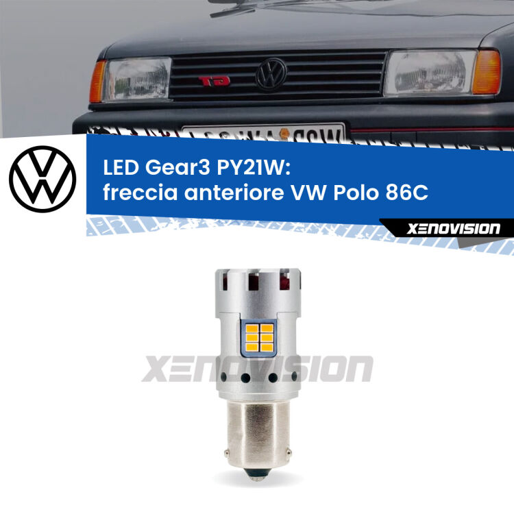 <strong>Freccia Anteriore LED no-spie per VW Polo</strong> 86C faro bianco. Lampada <strong>PY21W</strong> modello Gear3 no Hyperflash, raffreddata a ventola.