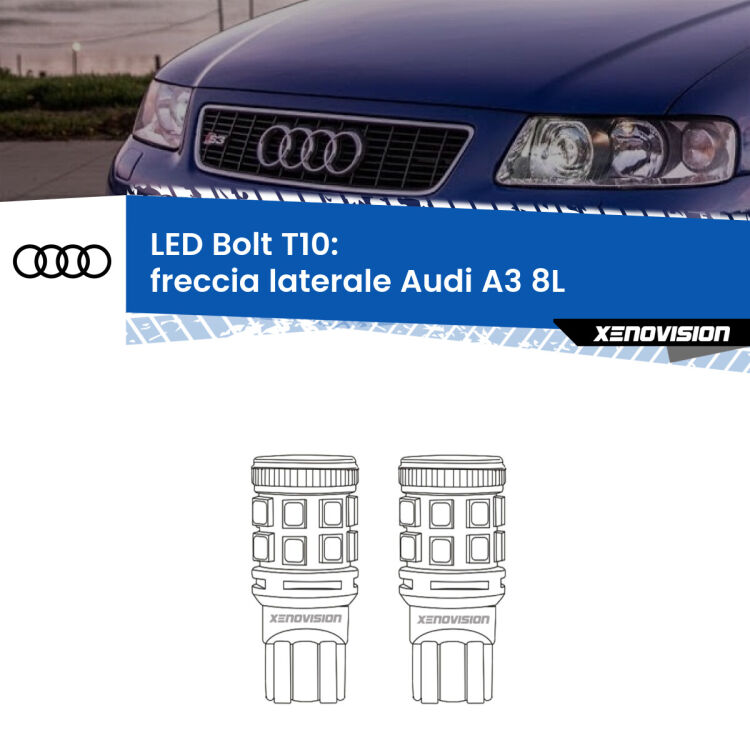 <strong>Freccia laterale LED per Audi A3</strong> 8L faro bianco. Coppia lampade <strong>T10</strong> modello Bolt canbus.