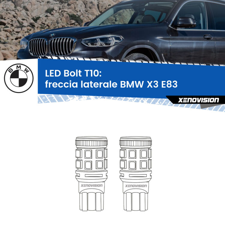 <strong>Freccia laterale LED per BMW X3</strong> E83 2003 - 2010. Coppia lampade <strong>T10</strong> modello Bolt canbus.