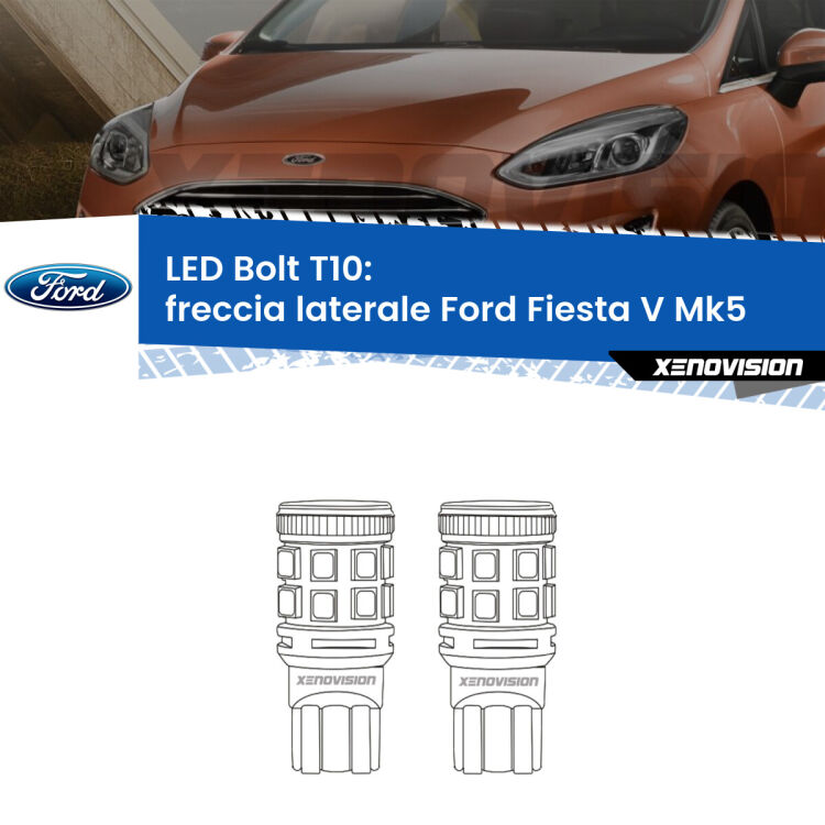 <strong>Freccia laterale LED per Ford Fiesta V</strong> Mk5 faro giallo. Coppia lampade <strong>T10</strong> modello Bolt canbus.