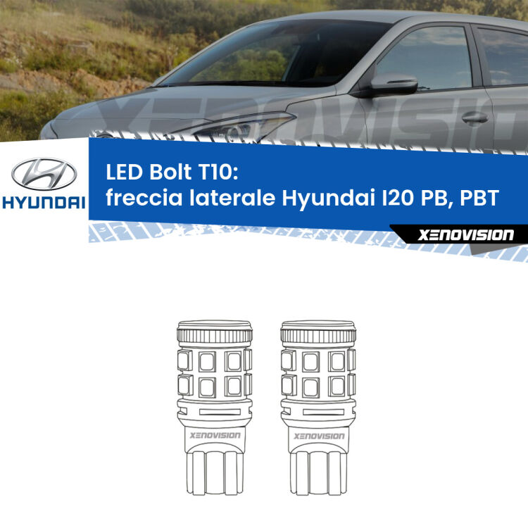 <strong>Freccia laterale LED per Hyundai I20</strong> PB, PBT 2008 - 2015. Coppia lampade <strong>T10</strong> modello Bolt canbus.