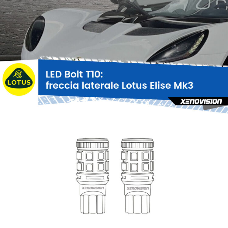 <strong>Freccia laterale LED per Lotus Elise</strong> Mk3 2010 - 2022. Coppia lampade <strong>T10</strong> modello Bolt canbus.