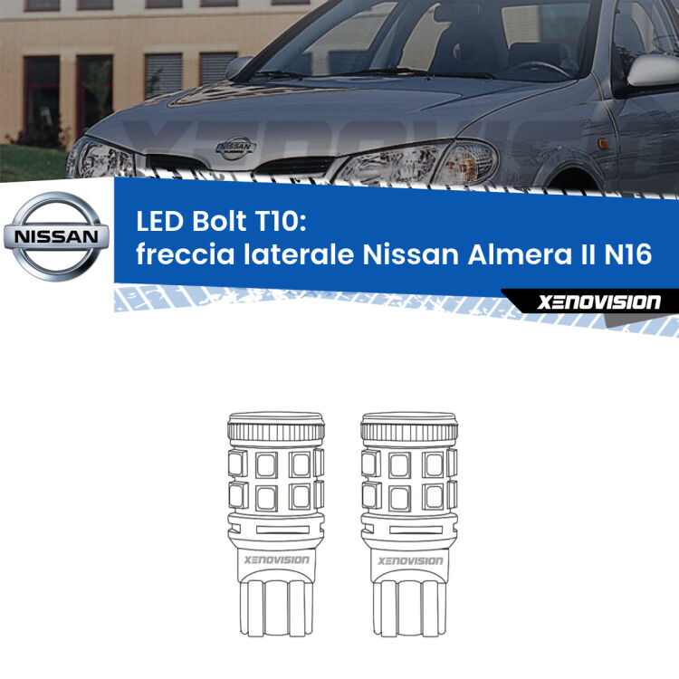 <strong>Freccia laterale LED per Nissan Almera II</strong> N16 2000 - 2000. Coppia lampade <strong>T10</strong> modello Bolt canbus.