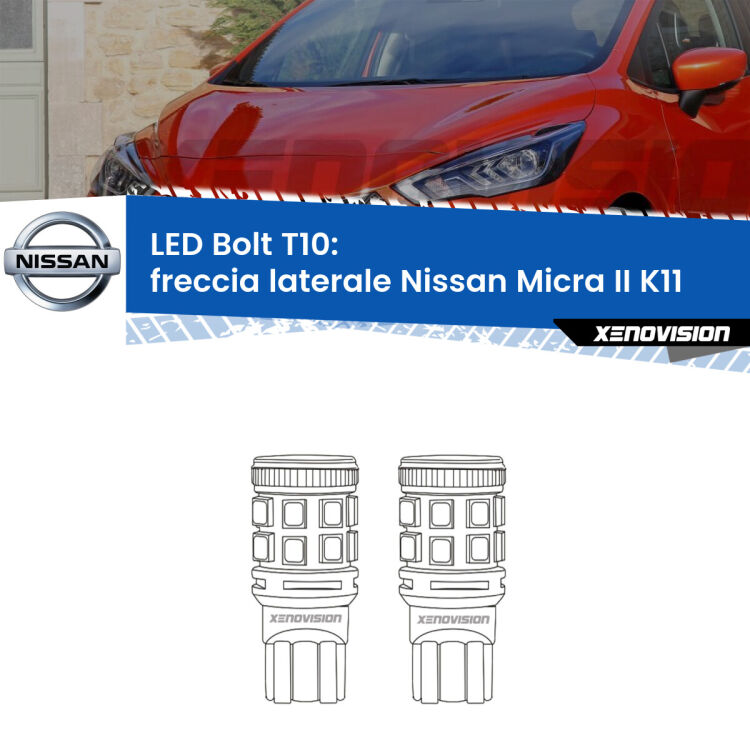 <strong>Freccia laterale LED per Nissan Micra II</strong> K11 1992 - 2003. Coppia lampade <strong>T10</strong> modello Bolt canbus.