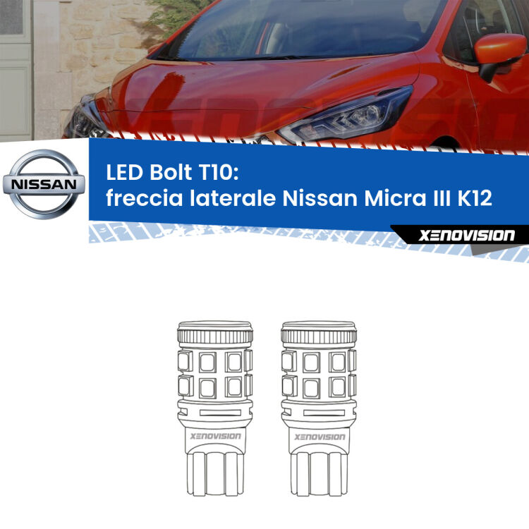 <strong>Freccia laterale LED per Nissan Micra III</strong> K12 2002 - 2010. Coppia lampade <strong>T10</strong> modello Bolt canbus.