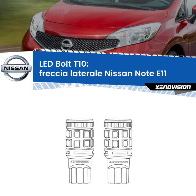 <strong>Freccia laterale LED per Nissan Note</strong> E11 2006 - 2013. Coppia lampade <strong>T10</strong> modello Bolt canbus.