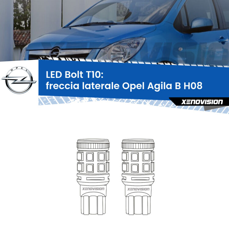 <strong>Freccia laterale LED per Opel Agila B</strong> H08 2008 - 2014. Coppia lampade <strong>T10</strong> modello Bolt canbus.