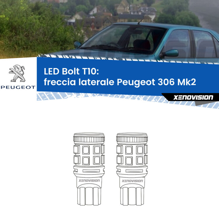 <strong>Freccia laterale LED per Peugeot 306</strong> Mk2 faro bianco. Coppia lampade <strong>T10</strong> modello Bolt canbus.