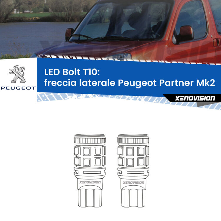 <strong>Freccia laterale LED per Peugeot Partner</strong> Mk2 2008 - 2016. Coppia lampade <strong>T10</strong> modello Bolt canbus.