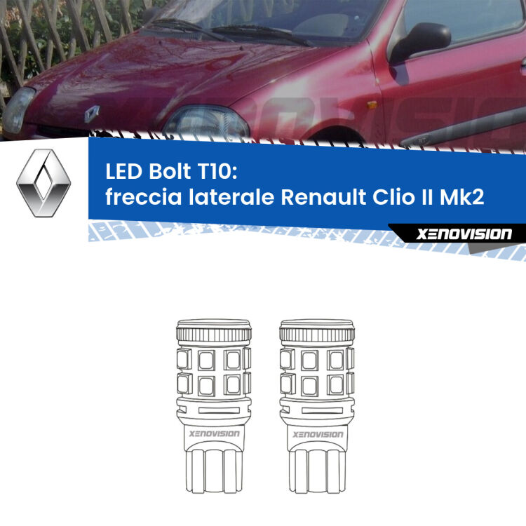 <strong>Freccia laterale LED per Renault Clio II</strong> Mk2 1998 - 2004. Coppia lampade <strong>T10</strong> modello Bolt canbus.