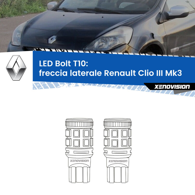 <strong>Freccia laterale LED per Renault Clio III</strong> Mk3 2005 - 2011. Coppia lampade <strong>T10</strong> modello Bolt canbus.