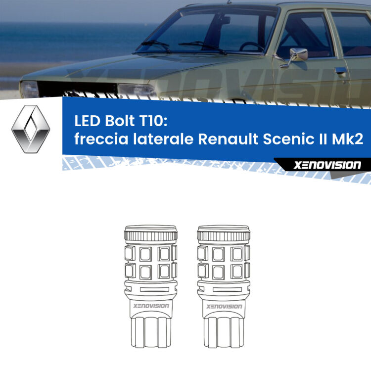 <strong>Freccia laterale LED per Renault Scenic II</strong> Mk2 2003 - 2008. Coppia lampade <strong>T10</strong> modello Bolt canbus.