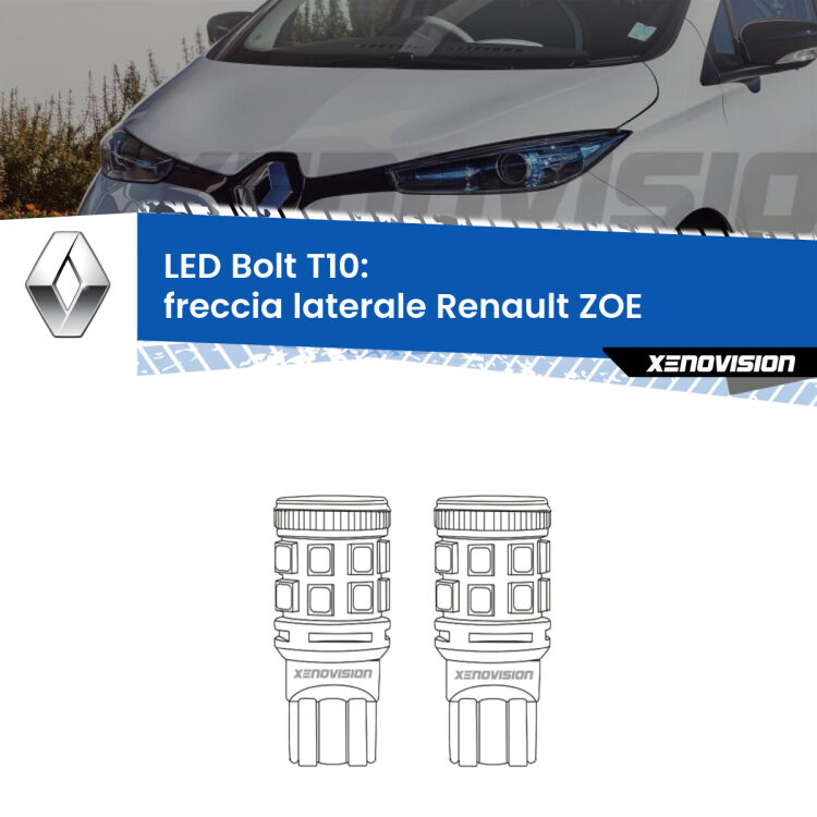 <strong>Freccia laterale LED per Renault ZOE</strong>  2012 in poi. Coppia lampade <strong>T10</strong> modello Bolt canbus.