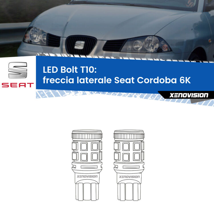 <strong>Freccia laterale LED per Seat Cordoba</strong> 6K 1993 - 2000. Coppia lampade <strong>T10</strong> modello Bolt canbus.