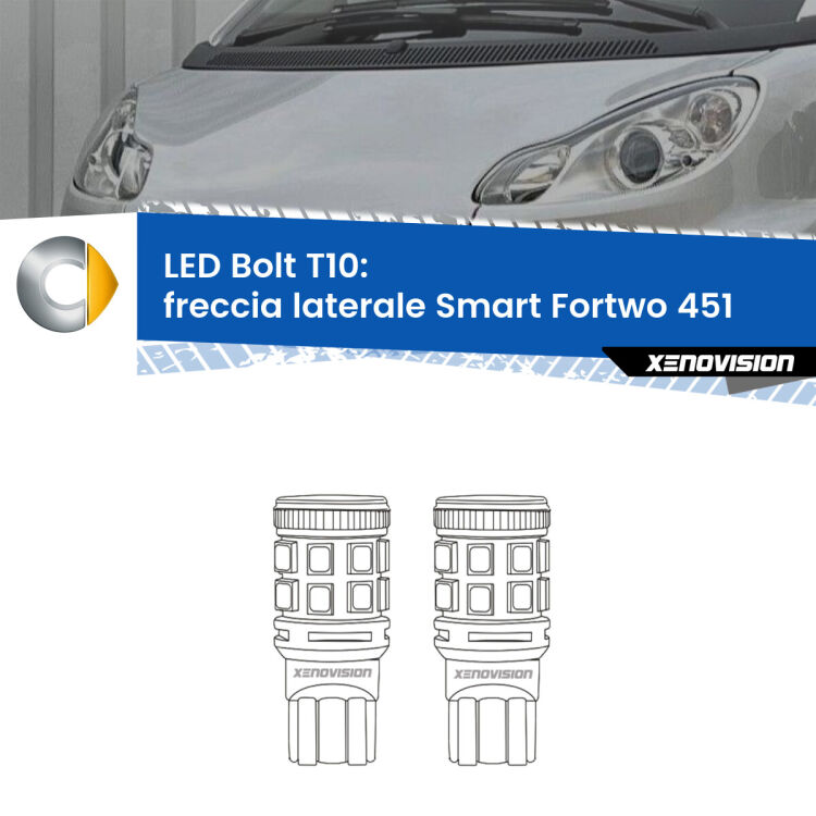 <strong>Freccia laterale LED per Smart Fortwo</strong> 451 2007 - 2014. Coppia lampade <strong>T10</strong> modello Bolt canbus.