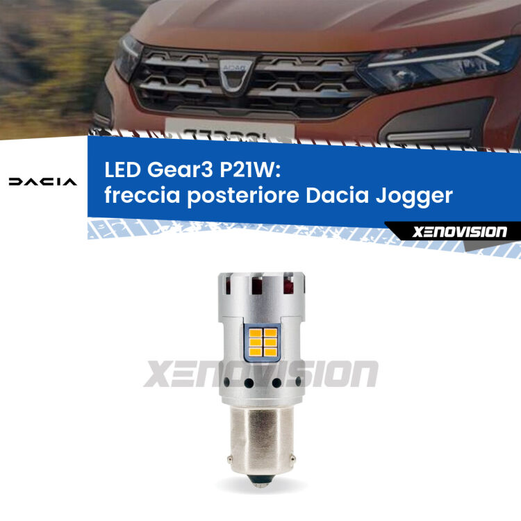 <strong>Freccia posteriore LED no-spie per Dacia Jogger</strong>  2021 in poi. Lampada <strong>P21W</strong> modello Gear3 no Hyperflash, raffreddata a ventola.