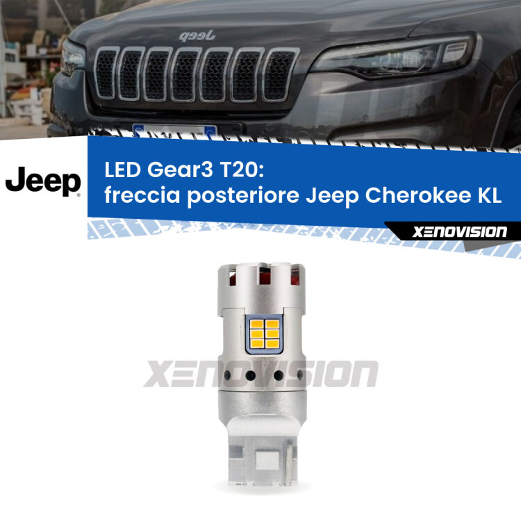 <strong>Freccia posteriore LED no-spie per Jeep Cherokee</strong> KL 2014 in poi. Lampada <strong>T20</strong> modello Gear3 no Hyperflash, raffreddata a ventola.