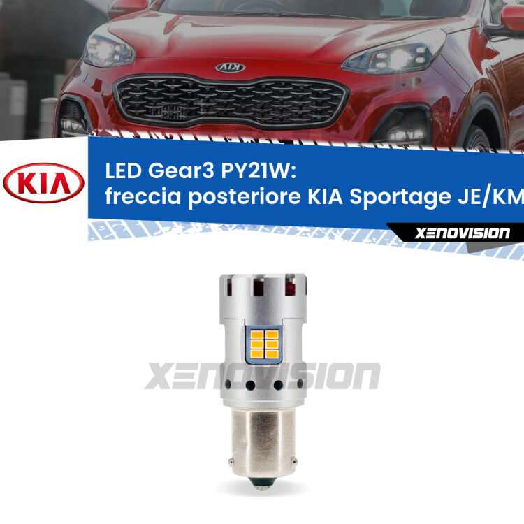 <strong>Freccia posteriore LED no-spie per KIA Sportage</strong> JE/KM 2004 - 2009. Lampada <strong>PY21W</strong> modello Gear3 no Hyperflash, raffreddata a ventola.