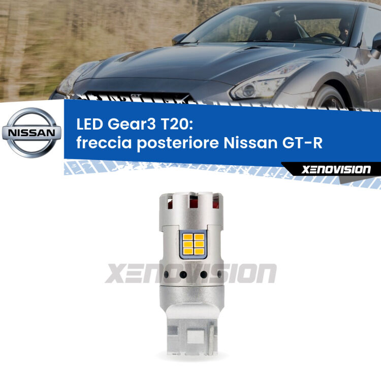 <strong>Freccia posteriore LED no-spie per Nissan GT-R</strong>  2007 in poi. Lampada <strong>T20</strong> modello Gear3 no Hyperflash, raffreddata a ventola.