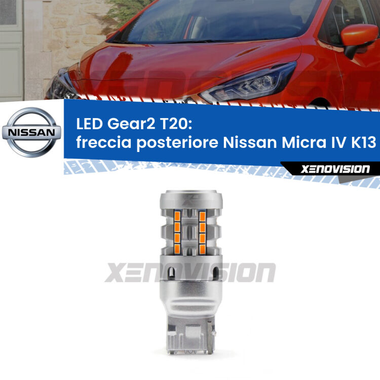 FINE SERIE: NO GARANZIA <strong>Freccia posteriore LED no-spie per Nissan Micra IV</strong> K13 2013 - 2015. Lampada <strong>T20</strong> modello Gear2 no Hyperflash.