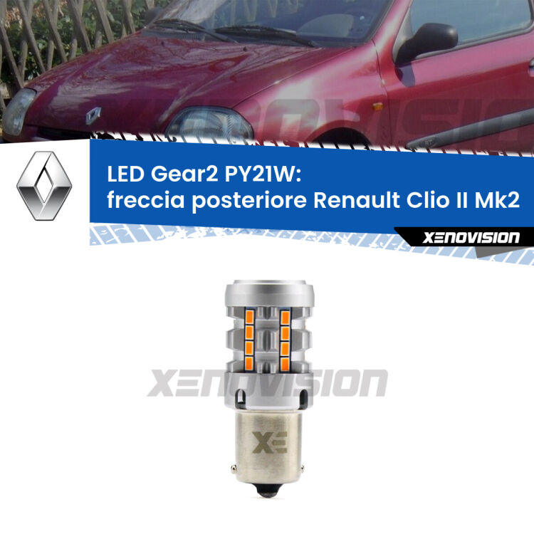 FINE SERIE: NO GARANZIA <strong>Freccia posteriore LED no-spie per Renault Clio II</strong> Mk2 faro bianco. Lampada <strong>PY21W</strong> modello Gear2 no Hyperflash.