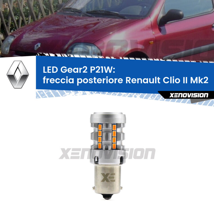 FINE SERIE: NO GARANZIA <strong>Freccia posteriore LED no-spie per Renault Clio II</strong> Mk2 faro giallo. Lampada <strong>P21W</strong> modello Gear2 no Hyperflash.