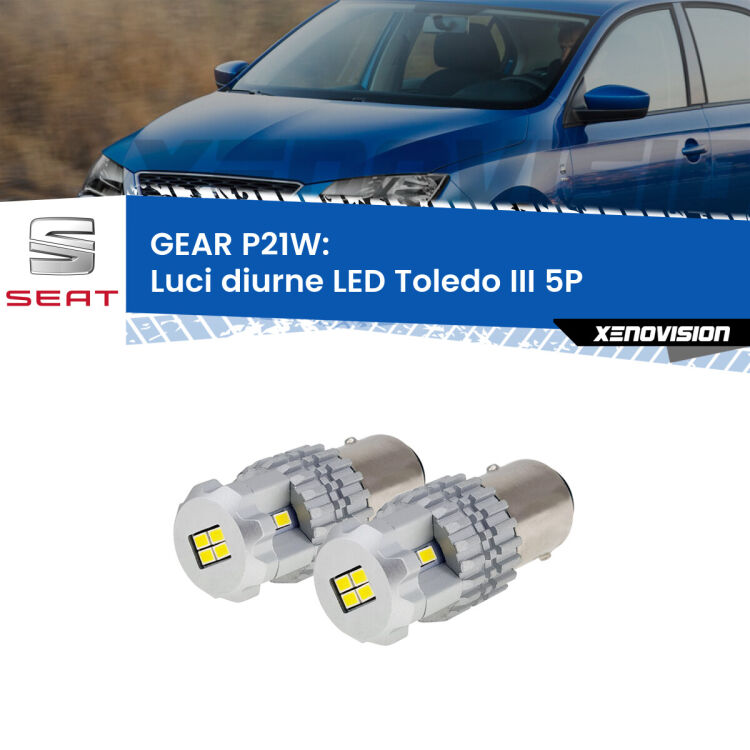 <strong>LED </strong><strong>Luci diurne Seat Toledo III (5P) 2004 - 2009</strong> . Due lampade LED P21W effetto Stealth, ottima resa in ogni direzione, Qualità Massima.