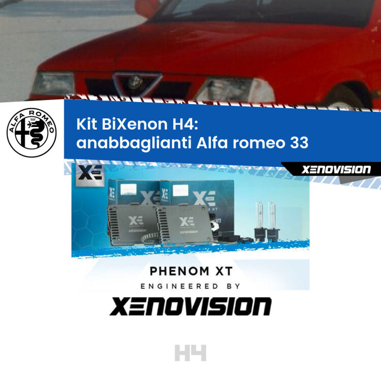 Kit Bixenon professionale H4 per Alfa romeo 33  (1990 - 1994). Taglio di luce perfetto, zero spie e riverberi. Leggendaria elettronica Canbus Xenovision. Qualità Massima Garantita.