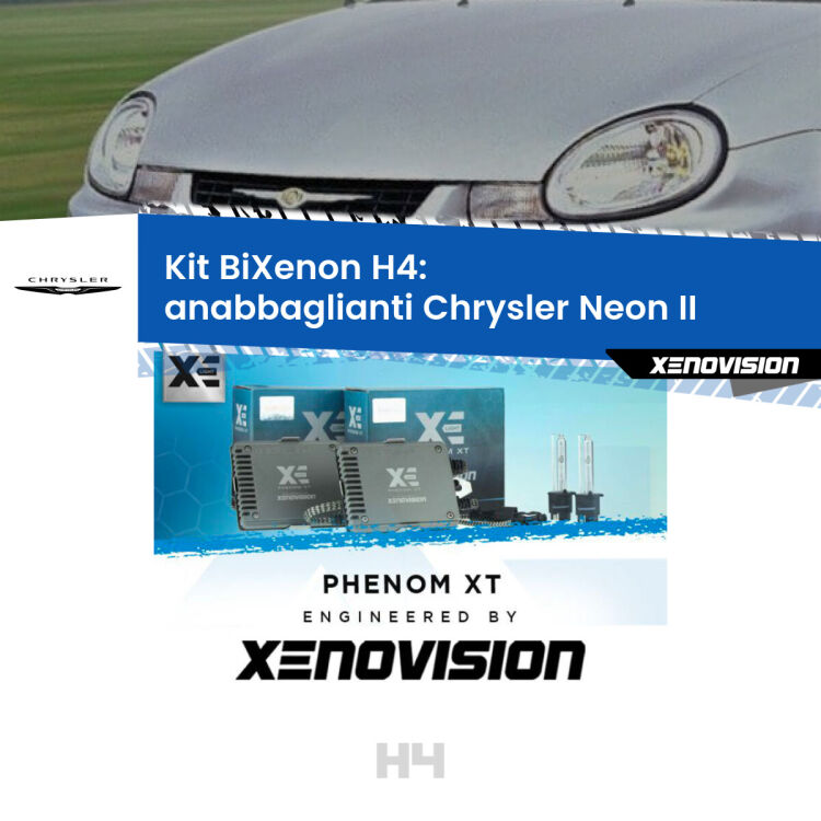 Kit Bixenon professionale H4 per Chrysler Neon II  (1999 - 2006). Taglio di luce perfetto, zero spie e riverberi. Leggendaria elettronica Canbus Xenovision. Qualità Massima Garantita.