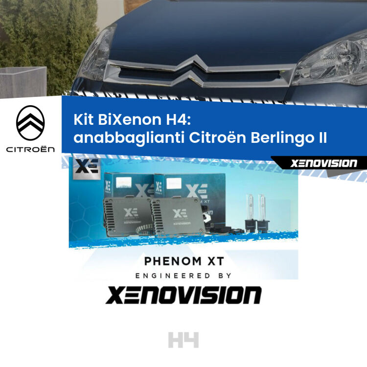 Kit Bixenon professionale H4 per Citroën Berlingo II (2008 - 2017). Taglio di luce perfetto, zero spie e riverberi. Leggendaria elettronica Canbus Xenovision. Qualità Massima Garantita.