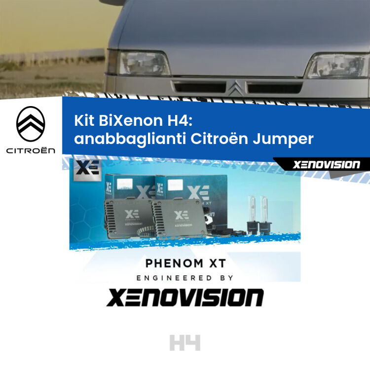 Kit Bixenon professionale H4 per Citroën Jumper  (1994 - 2002). Taglio di luce perfetto, zero spie e riverberi. Leggendaria elettronica Canbus Xenovision. Qualità Massima Garantita.