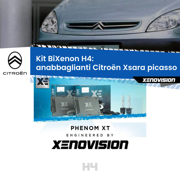 Kit Bixenon professionale H4 per Citroën Xsara picasso  (1999 - 2012). Taglio di luce perfetto, zero spie e riverberi. Leggendaria elettronica Canbus Xenovision. Qualità Massima Garantita.