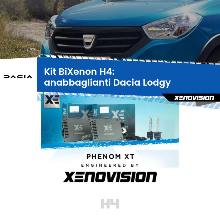 Kit Bixenon professionale H4 per Dacia Lodgy  (2012 in poi). Taglio di luce perfetto, zero spie e riverberi. Leggendaria elettronica Canbus Xenovision. Qualità Massima Garantita.